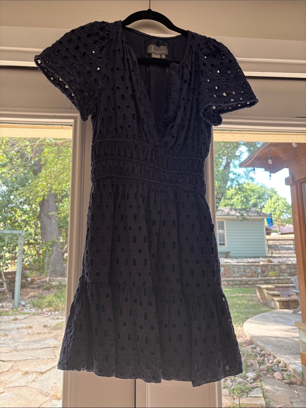 Anthropologie Navy Eyelet Tiered V‑Neck Dress